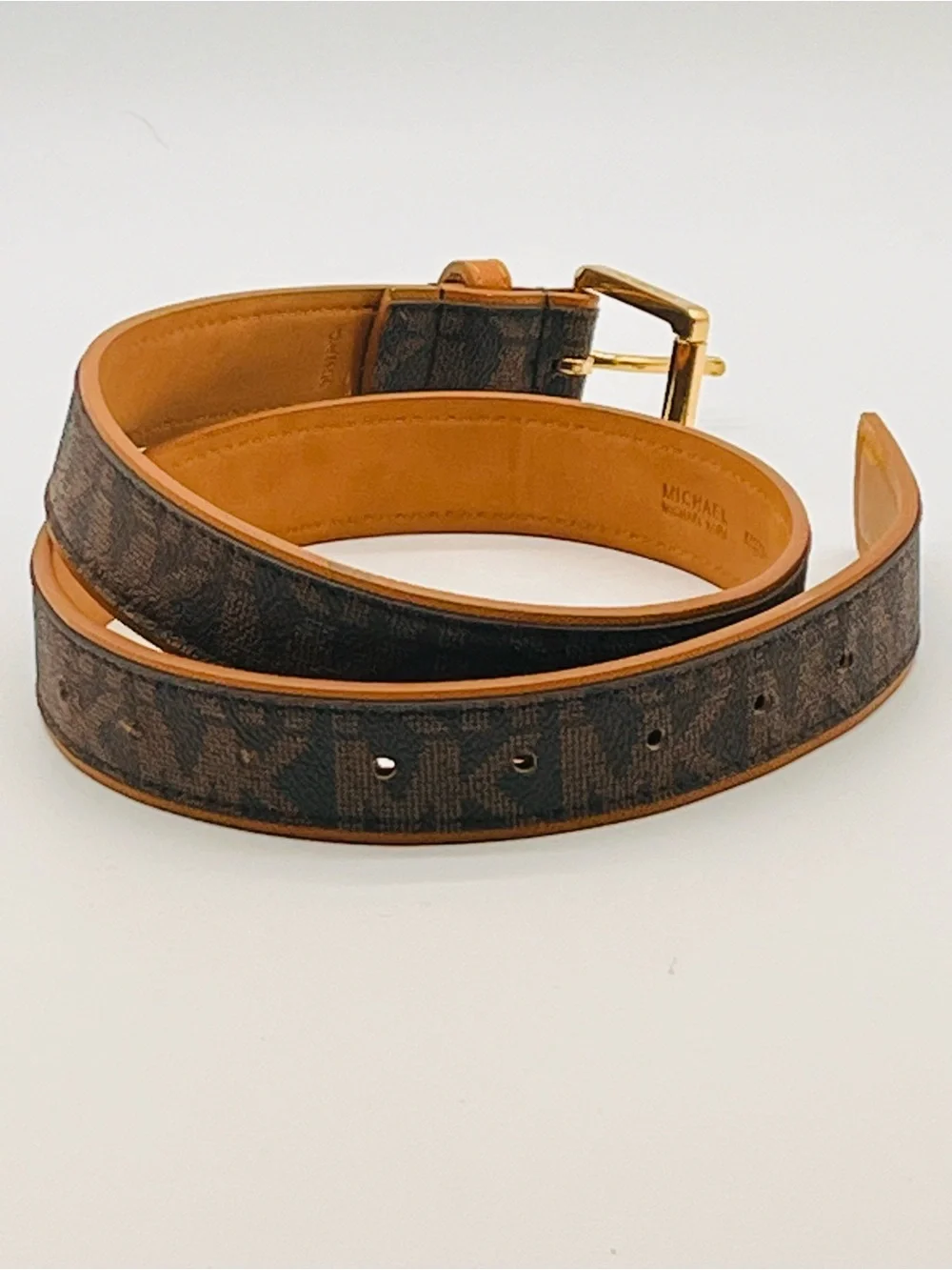 Michael Kors Brown Logo Canvas Saffiano Belt Tan Trim Gold Buckle Women's Small